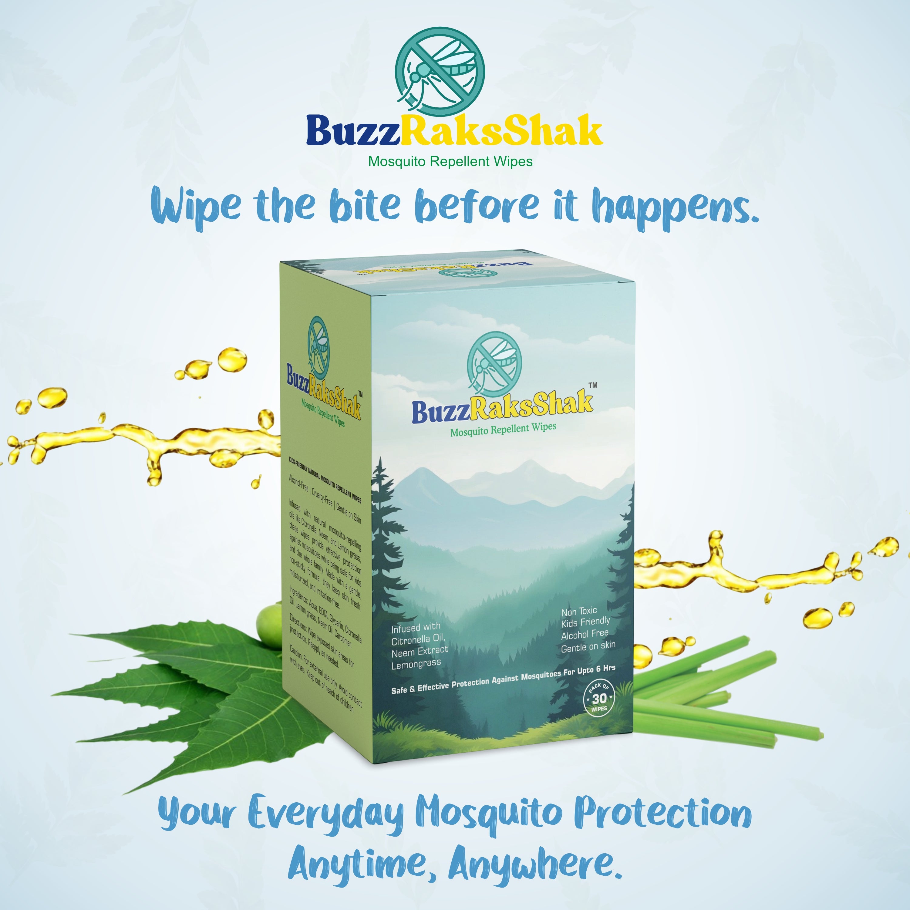 BuzzRaksShak Natural Mosquito Repellent Wipes – Pack of 30