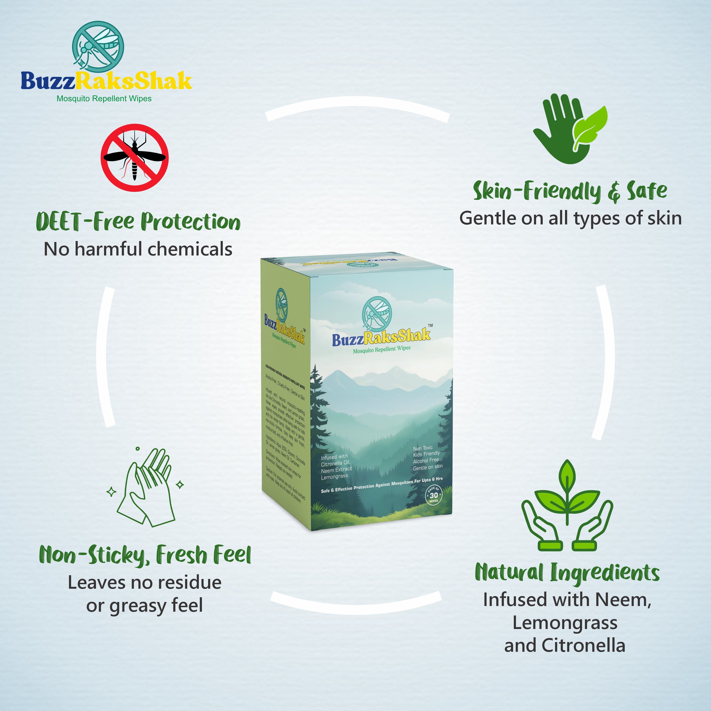 BuzzRaksShak Natural Mosquito Repellent Wipes – Pack of 30