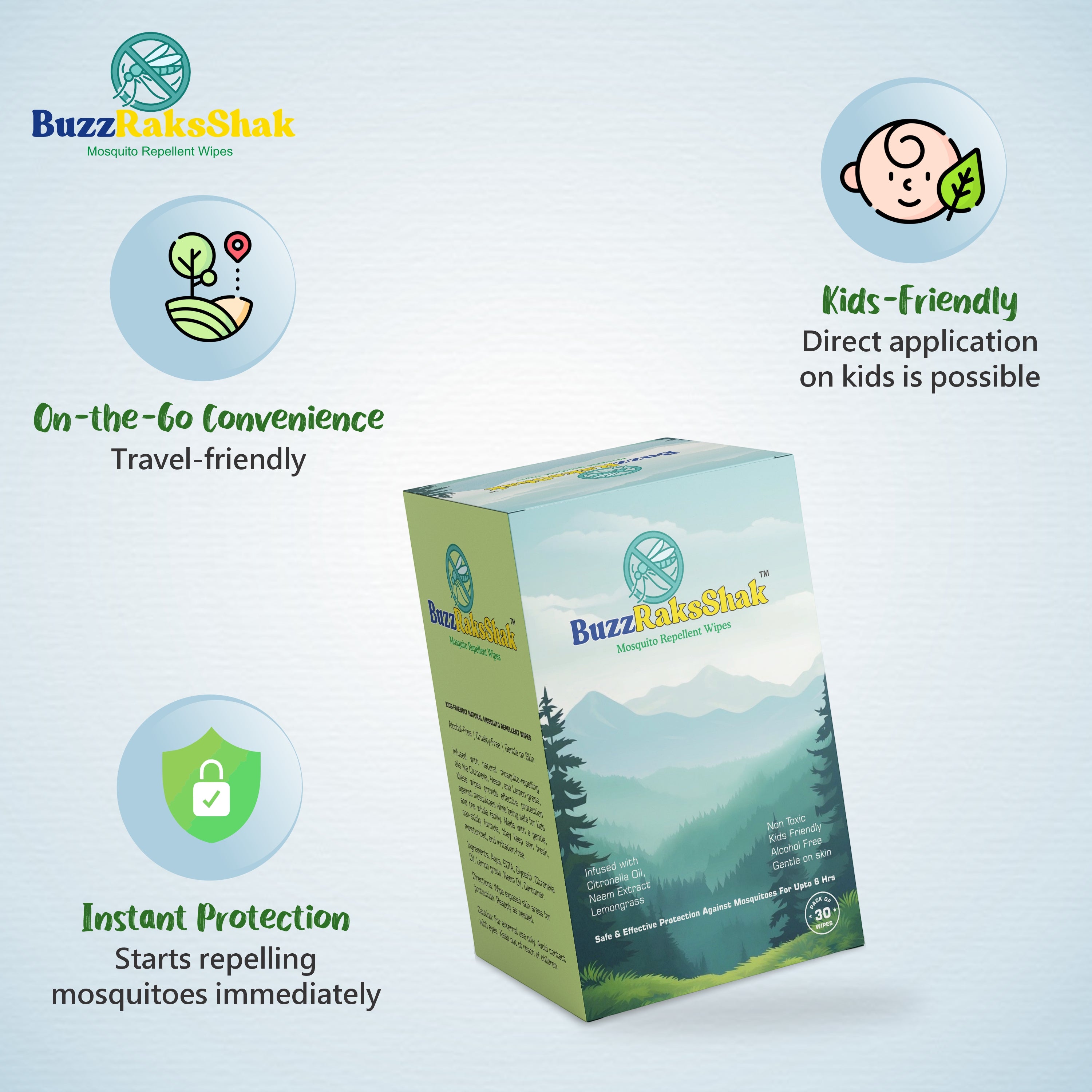 BuzzRaksShak Natural Mosquito Repellent Wipes – Pack of 30