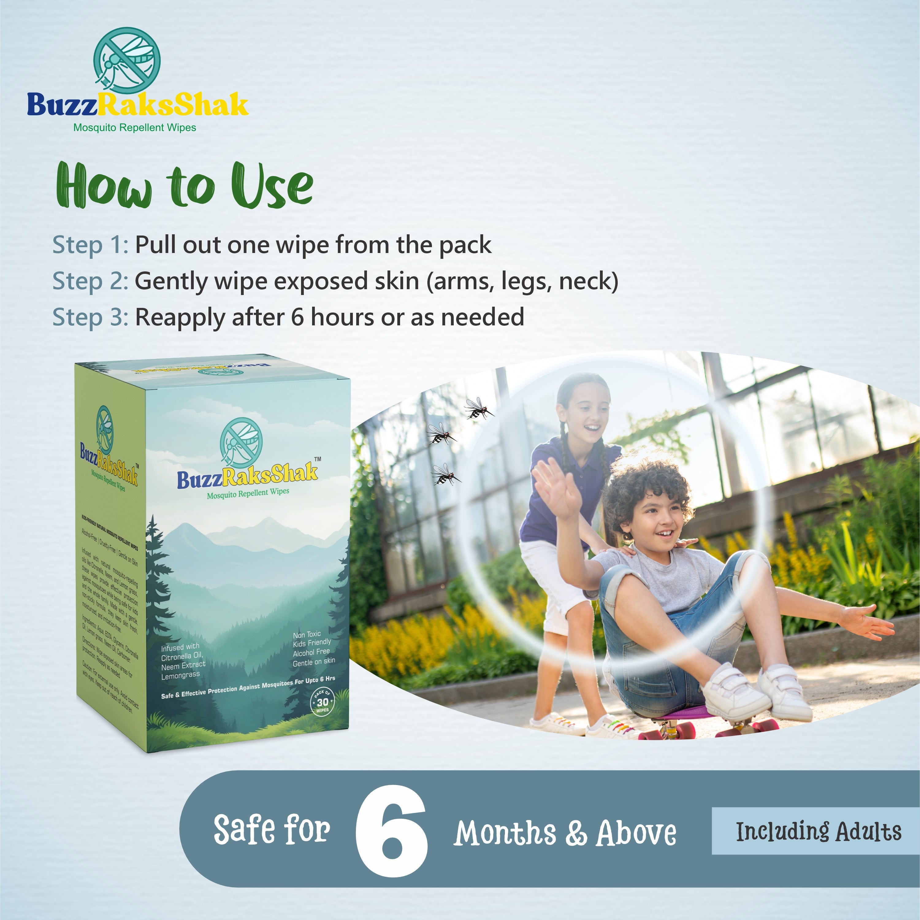 BuzzRaksShak Natural Mosquito Repellent Wipes – Pack of 30